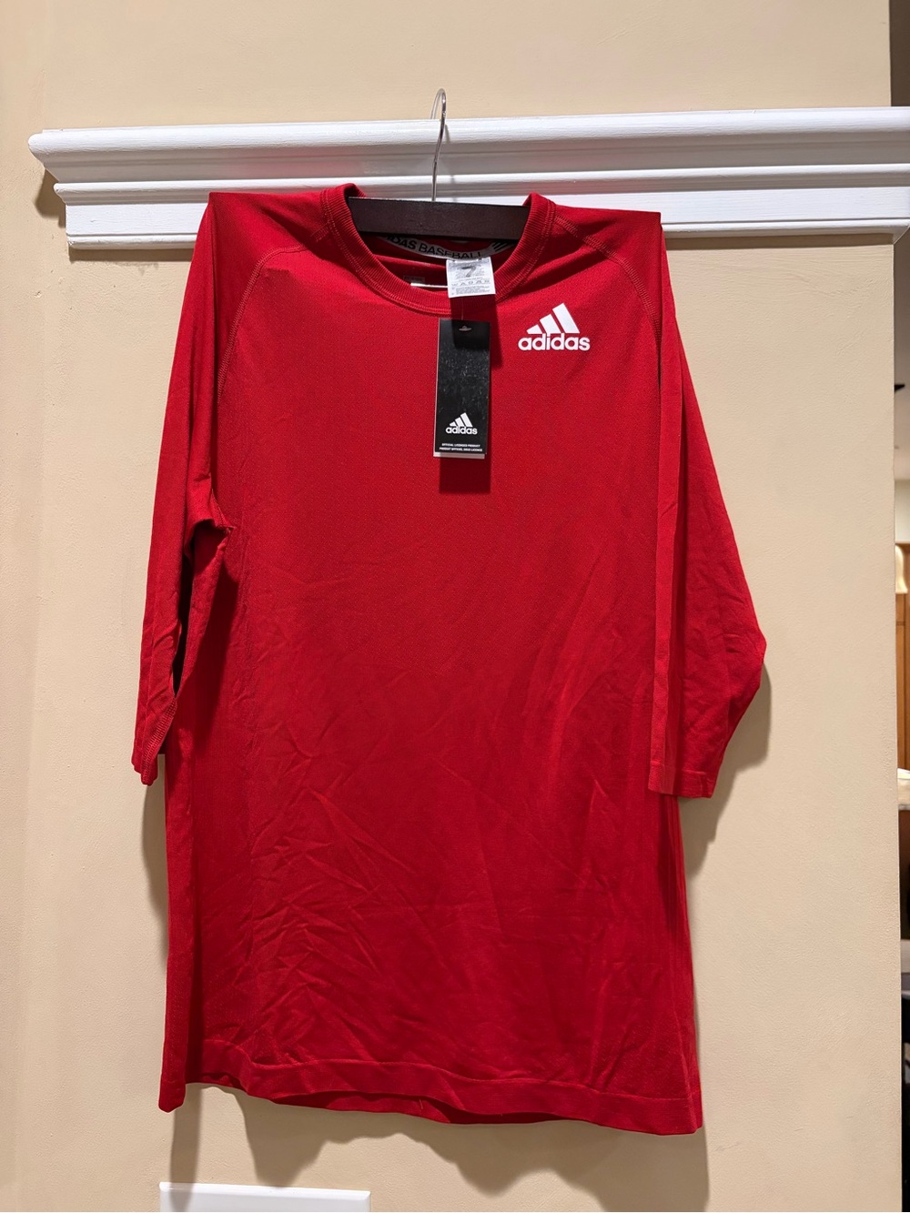 adidas Red Baseball Sleeve Crew Neck Athletic Baseball Shirt